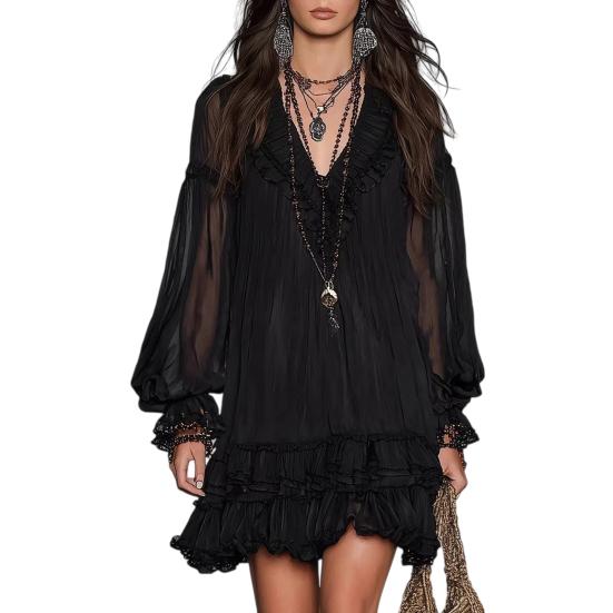 Lantern Sleeve Dress Women s Summer Mini Dress, Sheer Mesh Long Tiered Ruffle See-through Chiffon Sleeves Swing V Neck Casual Loose Beach Vacation S чёрный