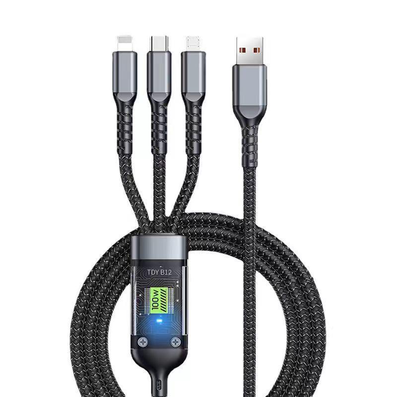 100W Schnellladekabel 3-in-1 USB-Kabel für Apple & Typ-C Autoladegeräte