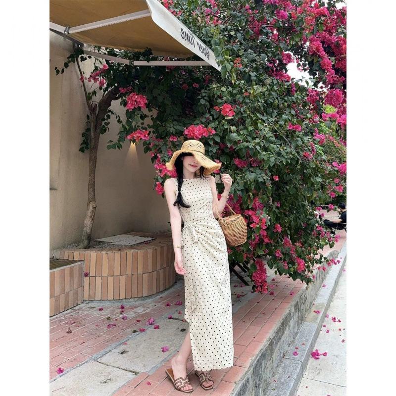 French Apricot Polka Dot Split Vest Dress Women's Summer Waist Strap-up Skirt Slim-fitting and Thin A-word Long Dress