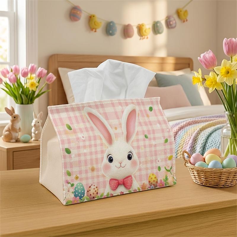 1pc Cute Pastel Decorative Easter Tissue Box - Bunny Gingham Floral Tissue Paper Box for Car, Office - Decorative Napkin Case with Organize The Tissue