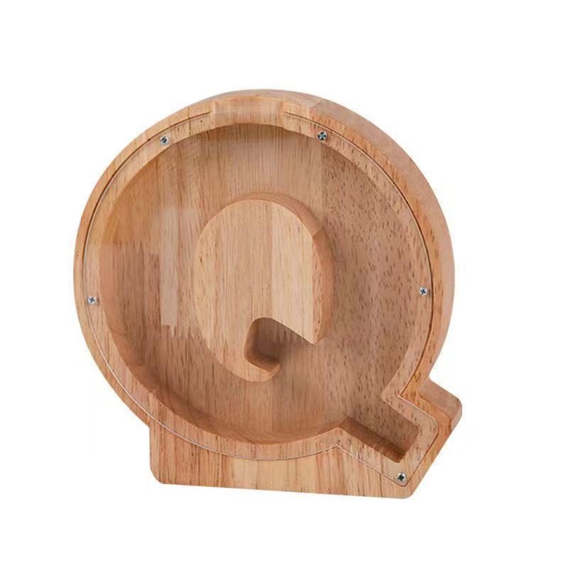 Drewniana Kreskówkowa Skarbonka z Literkami - Przezroczysty Pojemnik na Monety Ozdoba Prezent