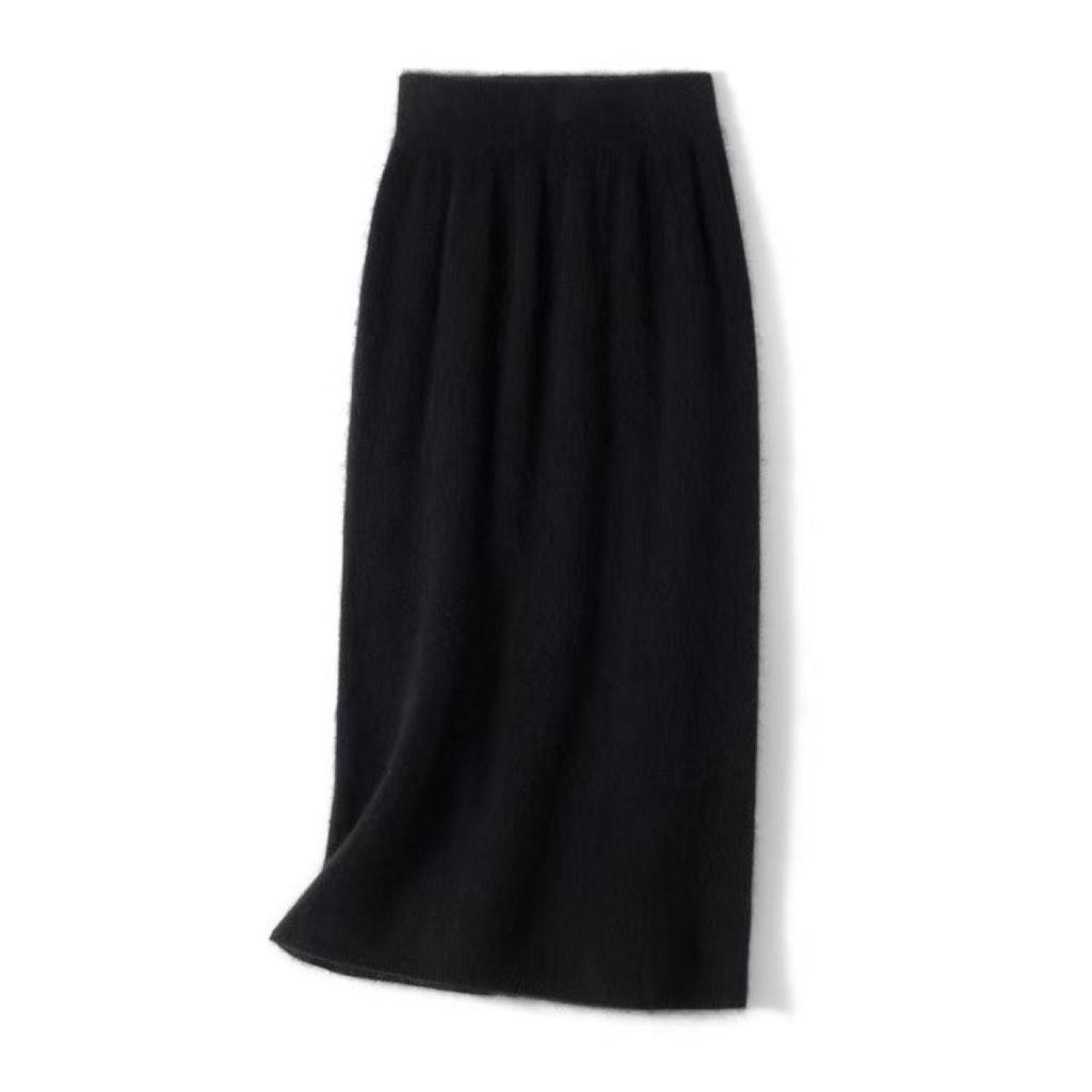 Women's Flocked Cashmere Wool Skirt: Slimming High Waist, Mid-Length, Versatile Knit, Autumn/Winter Fashion, Hip-Hugging Design.