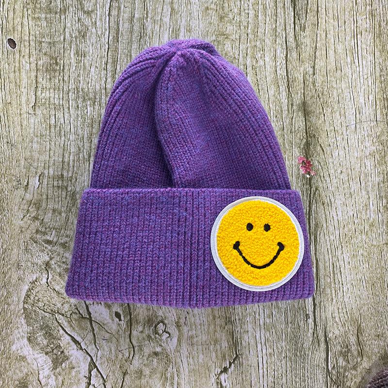 Hat Women Autumn and Winter Smiley Face Label Couple Knitted Hat Winter Pullover Woolen Hat Student Couple Warm Hat