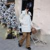 Women's Winter Autumn Thick Hooded White Duck Down Jacket Coat Loose Middle Long Solid Color Big Pocket Detachable Hat Down Coat