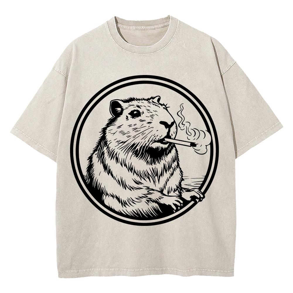 

Cotton Vintage Washed YK Funny Smoking Capybara T Shirt Fashion Men Retro Cool Meme Oversize Loose Acid Wash Tees Shirts S