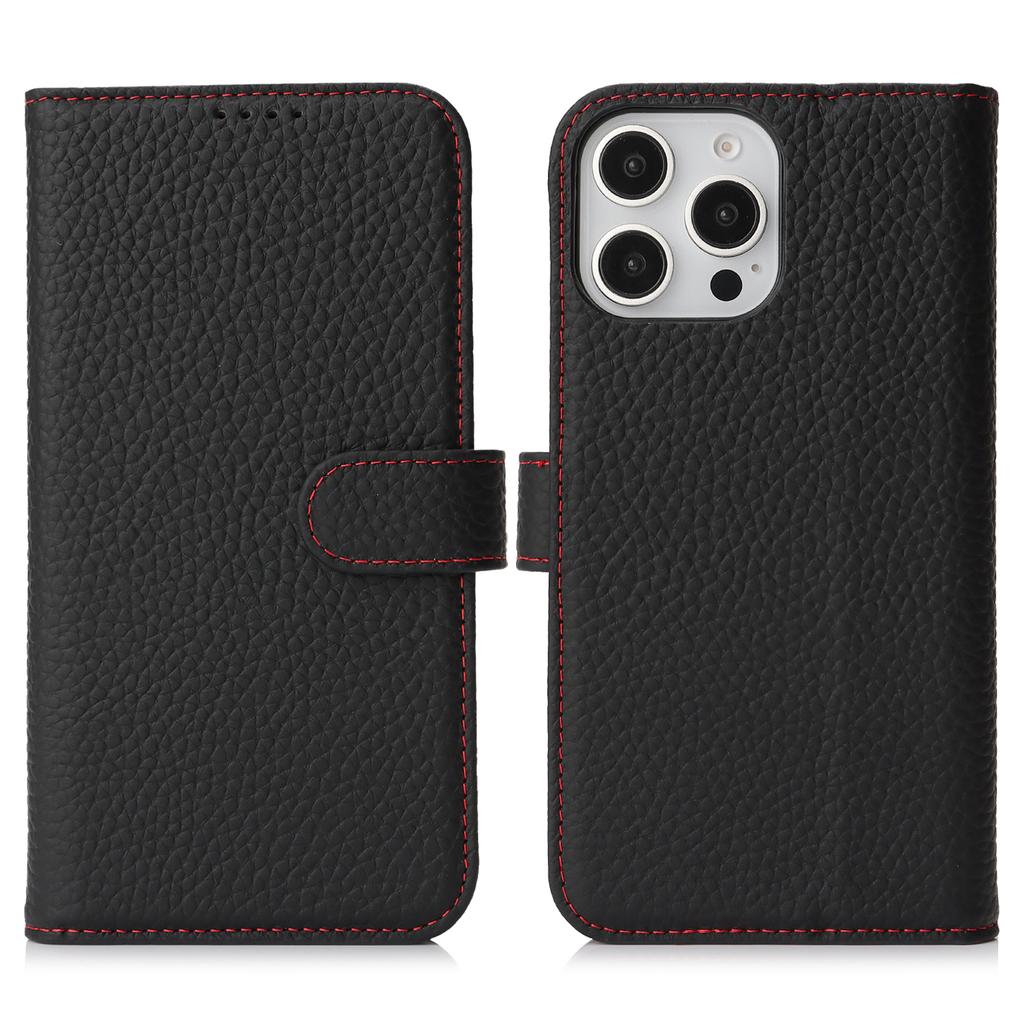 For iPhone 15 Pro Stand Case Litchi Texture Genuine Cow Leather Wallet Phone Cover RFID Blocking