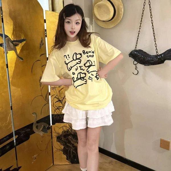 Summer Casual Loose T Shirt Women's Streetwear Harajuku Vintage Funny Cartoon Print yellow Short Sleeve T-shirts Women Y2k Tops