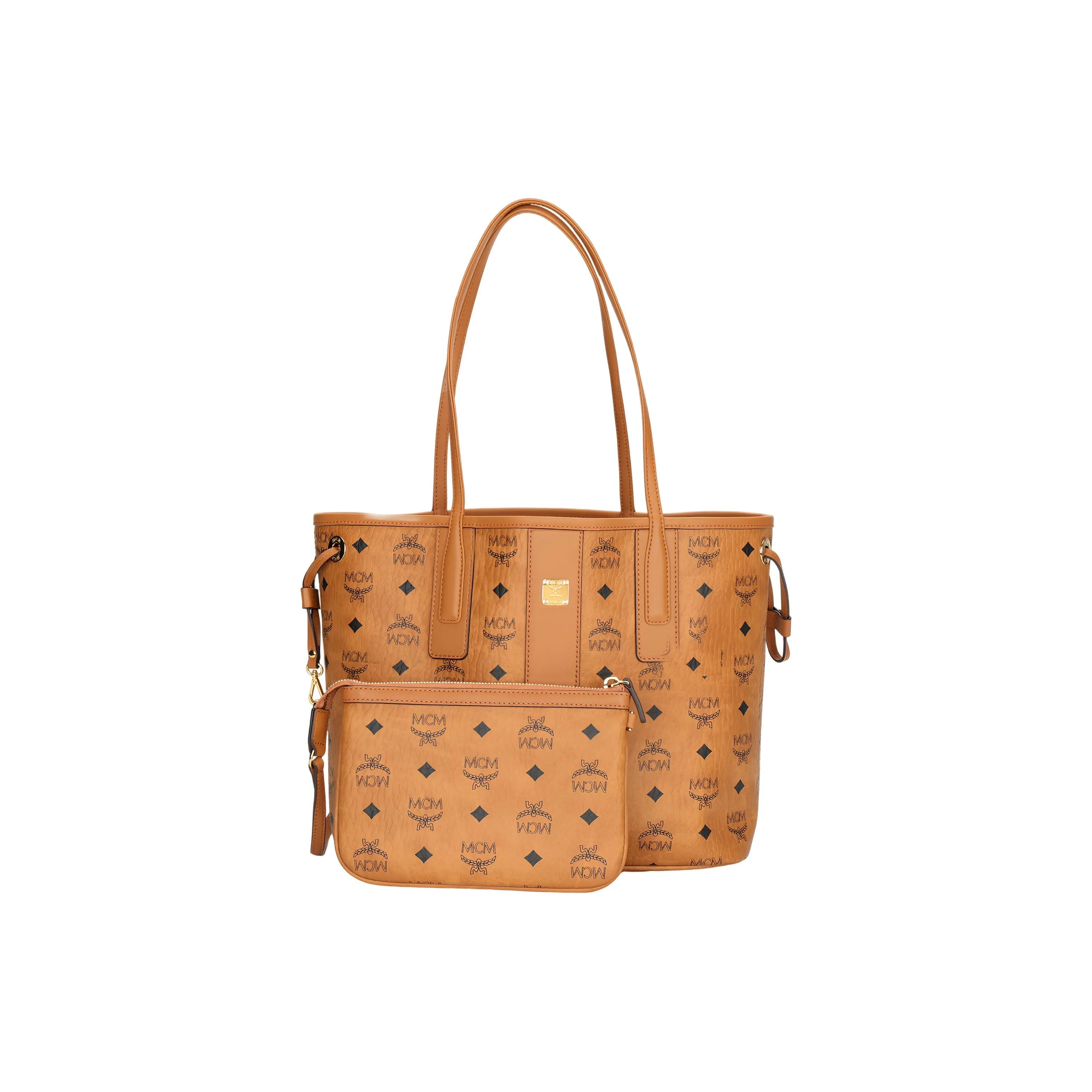 

MCM Liz Monogram Allover Print Двостороння полотняна сумка-тоут зі шкіряною обробкою Ручна сумка через плече Маленький розмір Жіноча Коричнева Basic Set (Bag + Dust Bag) коричневий