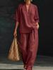 Vintage Style Women's Linen Suit: Loose V-Neck Top & Wide Leg Pants Two-Piece Set for Summer
