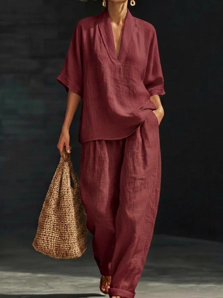 Vintage Style Women's Linen Suit: Loose V-Neck Top & Wide Leg Pants Two-Piece Set for Summer