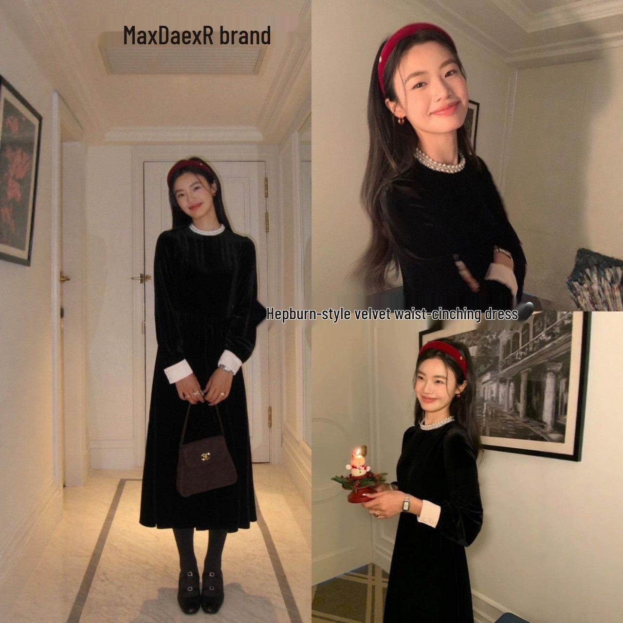 

Max Daex® Velvet Waist-Cinched Retro Hepburn Dress - Long-Sleeved, Versatile for Spring/Autumn M чёрный