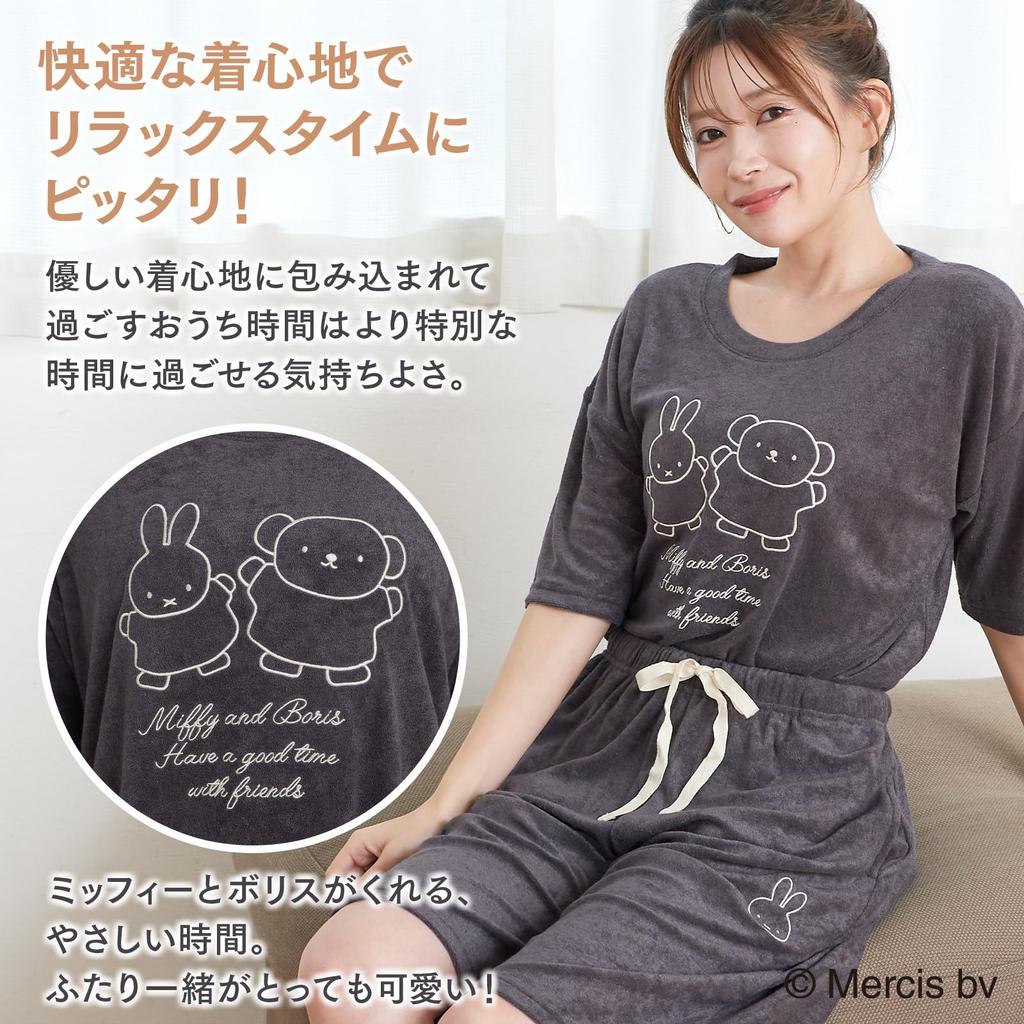 Luanna Jena Miffy Loungewear and Gentle Pajama Short Sleeves Length Soft Material Gray Sleeves x Length Miffy [Miffy Boris's Time] Women's Set, & 3/4