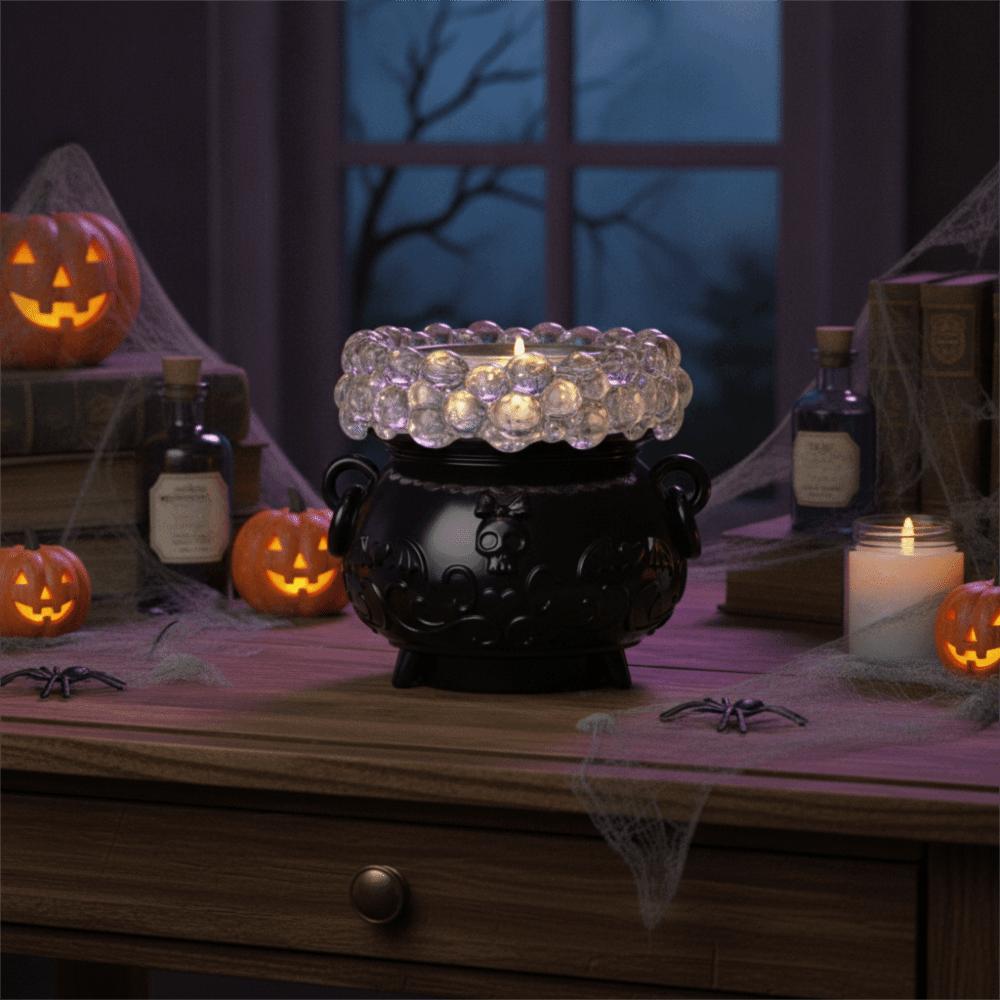 Color-Changing LED Lights Halloween Glowing Bubble Witch Crucible Relief Pattern with Remote Control Bubbling Cauldron Ornament