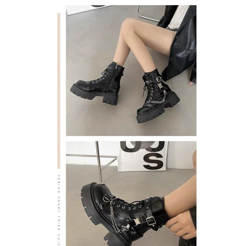  Chain Decor Platform Martin Boots Women Lace Up Side Zipper Ankle Boots