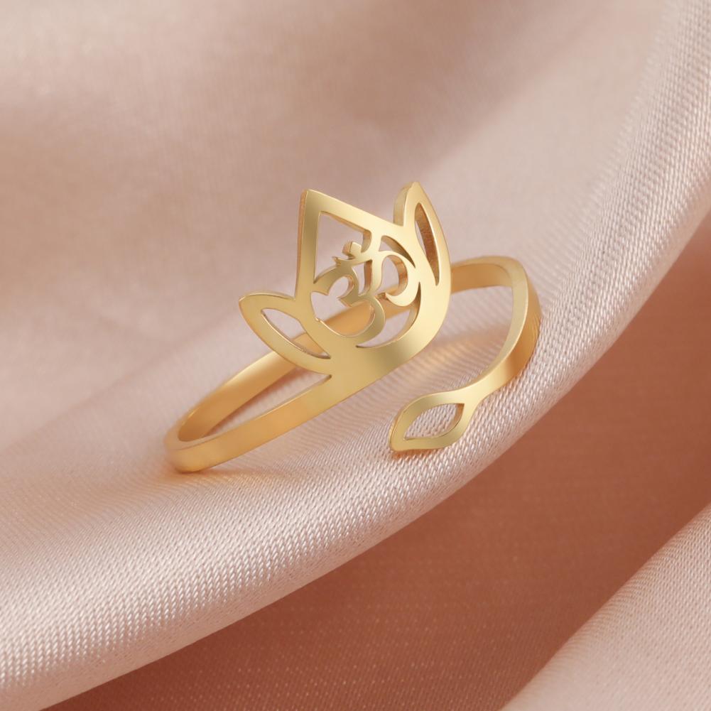 Stainless Steel Lotus Flower Rings Silver Color Yoga Buddha Adjustable Ring Om Symbol Amulet Vintage Jewelry New Year Gifts