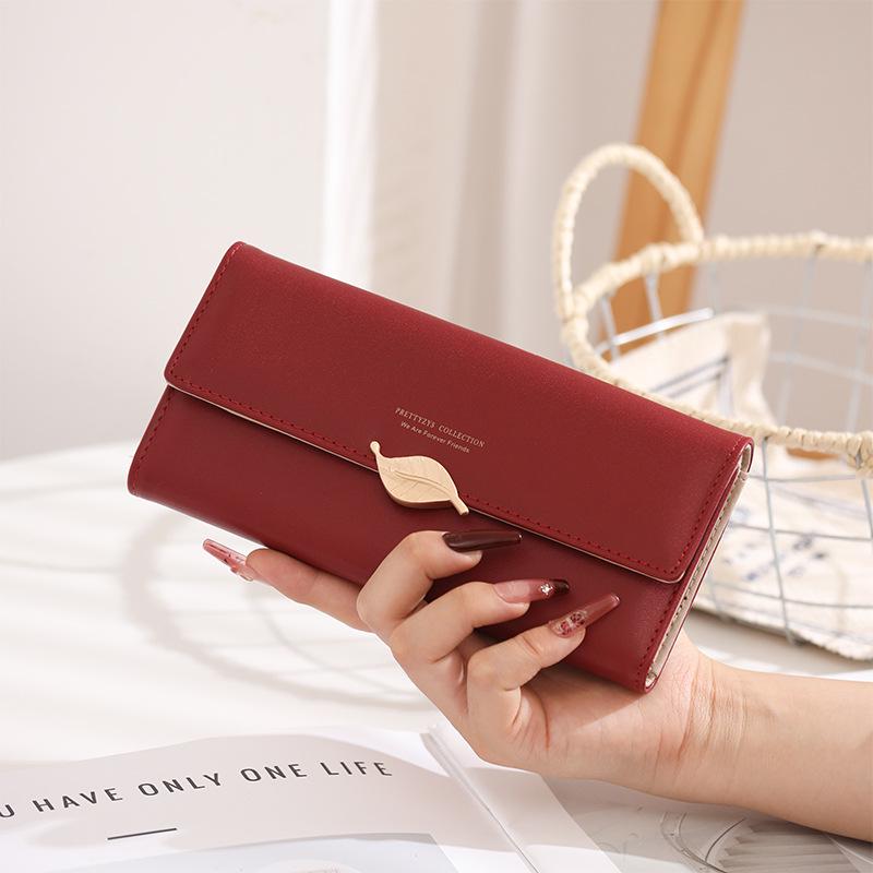 Women's Large Capacity PU Leather Long Wallet, Solid Color with Leaf Buckle – Japanese/Korean Style Clutch