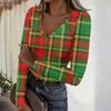 Women's Casual V-Neck Plaid Print Long Sleeve Ribbed Top for Fall and Everyday Wear