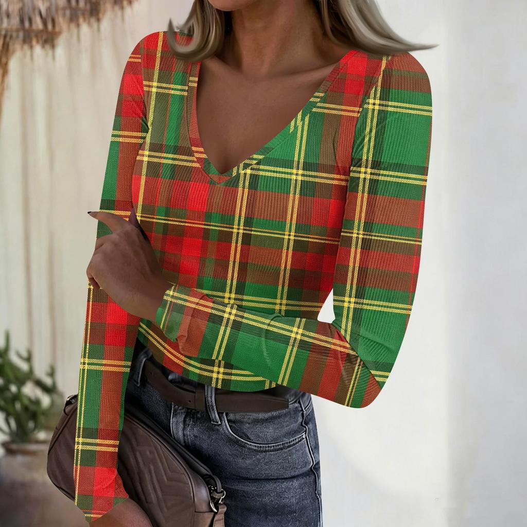 Women's Casual V-Neck Plaid Print Long Sleeve Ribbed Top for Fall and Everyday Wear