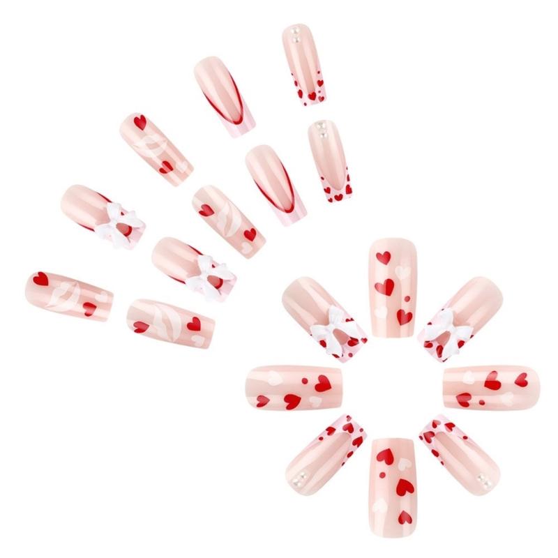 24Pcs Medium Square Stick on Nails with Elegant Bows Charms Press on Nails False Nail Manicure for Special Occasion