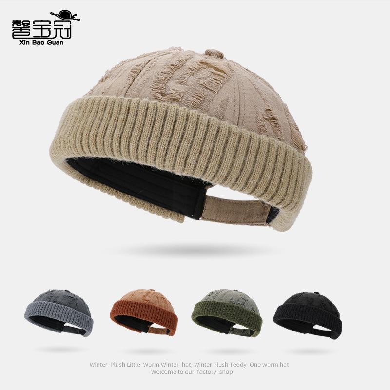 Personalized Ripped Retro Knitted Hat Neutral Autumn and Winter Warm Bag Hat Women's Versatile Hip Hop Melon Hat