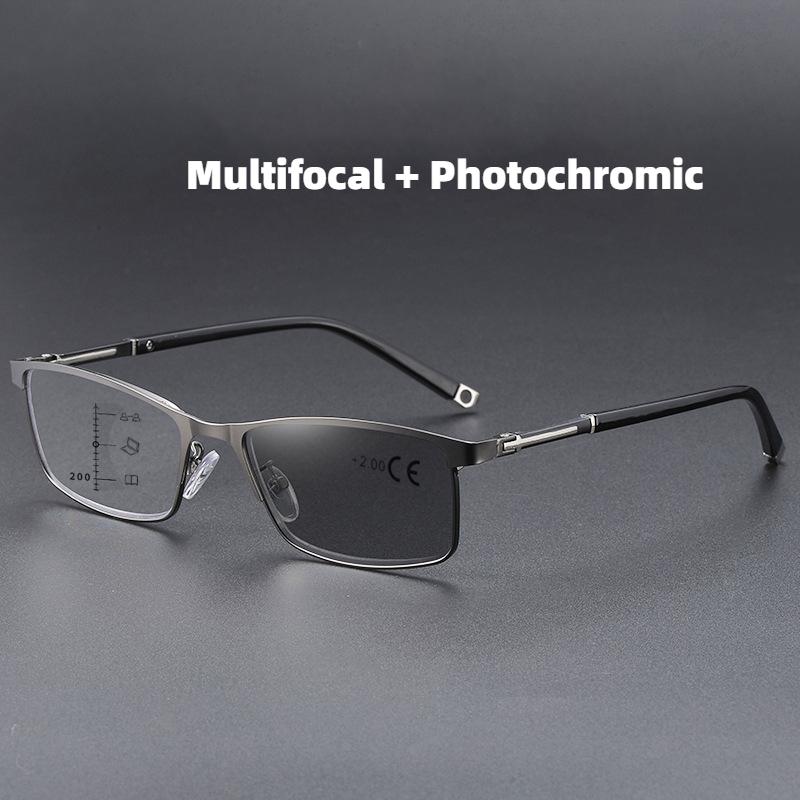 Gleitsichtbrille mit phototroper Optik, elegante Businessbrille mit quadratischem Metallrahmen und Blaulichtfilter