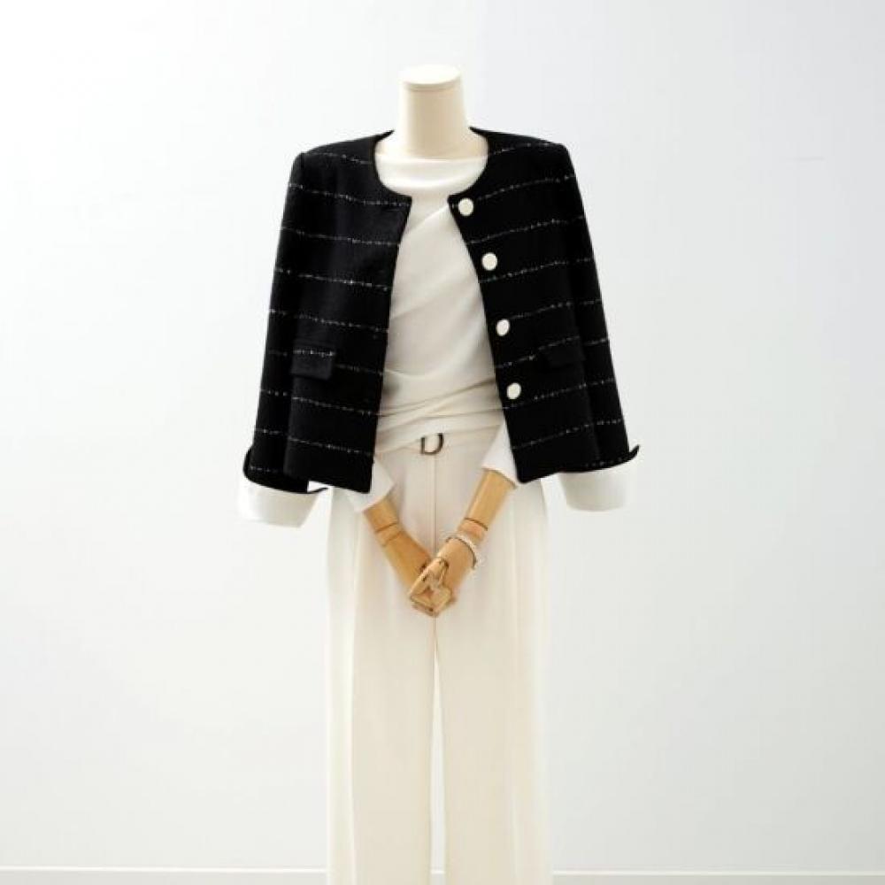 Style Latte Women Stripe Sleeve Contrast Tweed Classic Wool Jacket 140