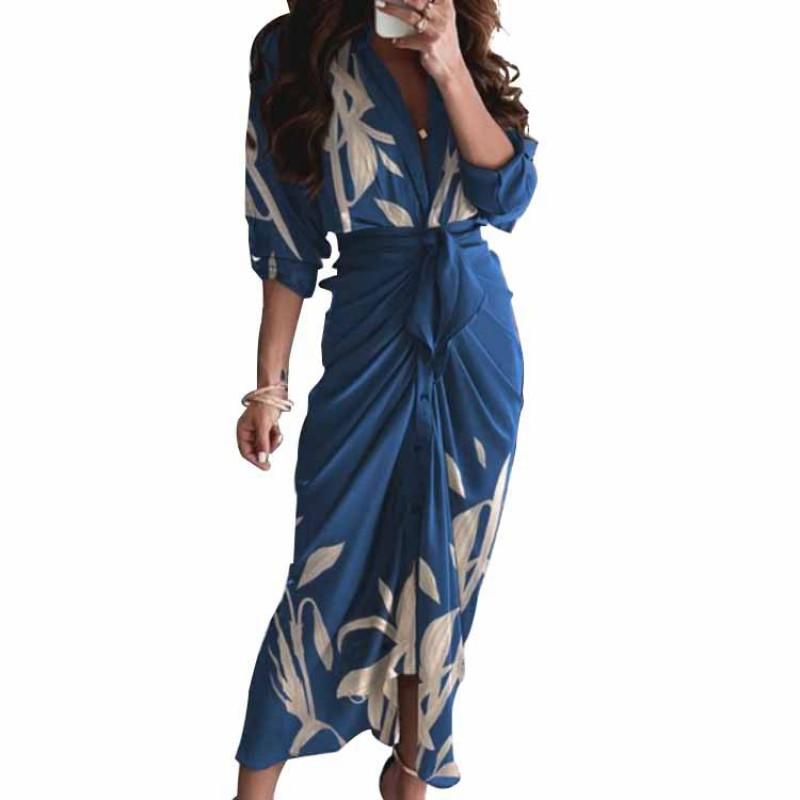 2026 Womens Elegant V-Neck Wrap Tie High-Waist Floral Print Long Dress Slim Fit Casual Office Wear