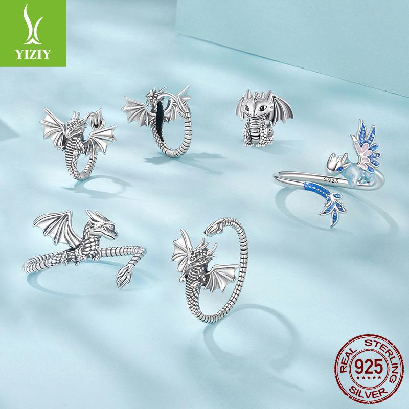 Vintage Feilong Ring Earrings Jewelry Set Personalized National Trend S925 Sterling Silver Open Ring