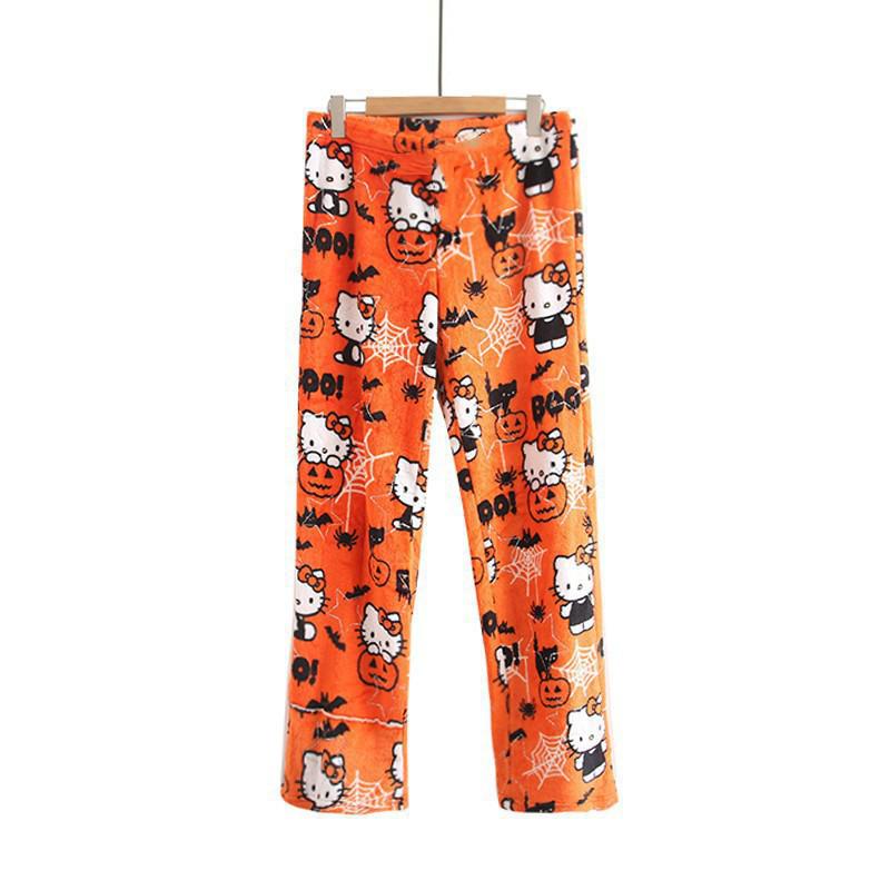 Women's Cartoon Cat Fleece Pajama Pants - Cozy Flannel for Autumn/Winter