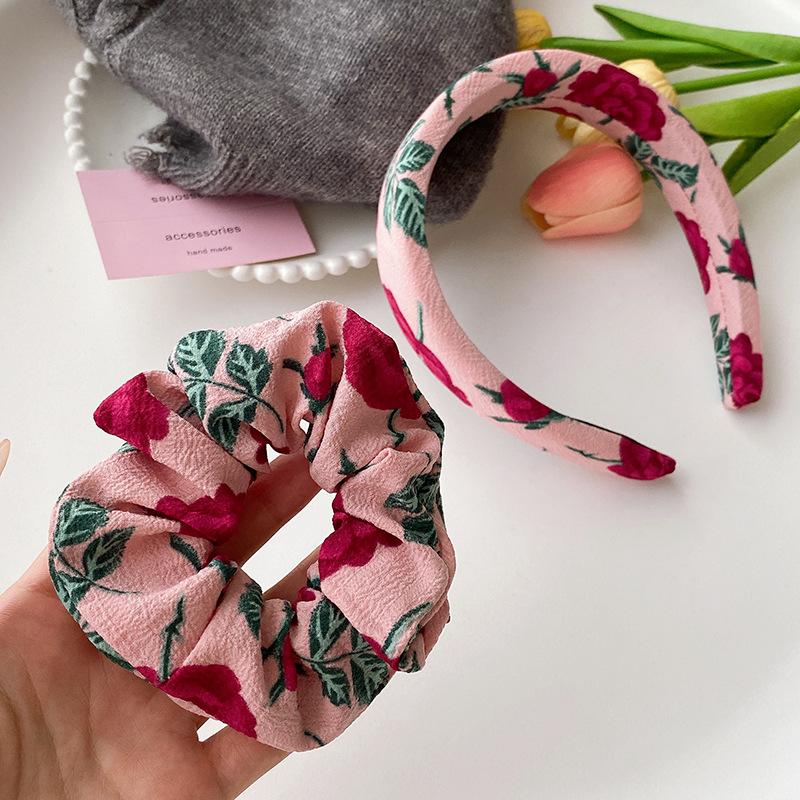 Retro French Pink Dried Rose Ruched Headband and Hair Tie Set
