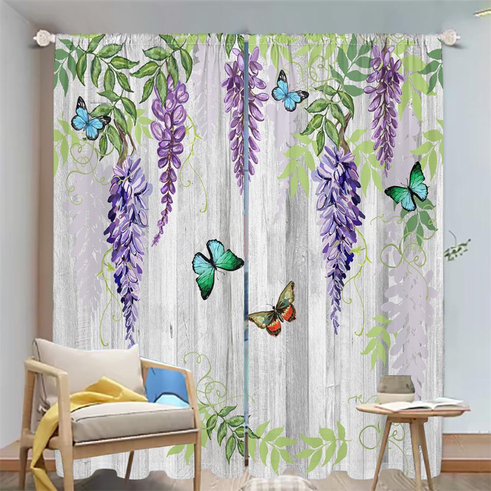 2Pcs Spring Garden Curtains Wisteria Butterfly Pattern Living Room Bedroom Balcony Sunshade Country Style Decor Curtains