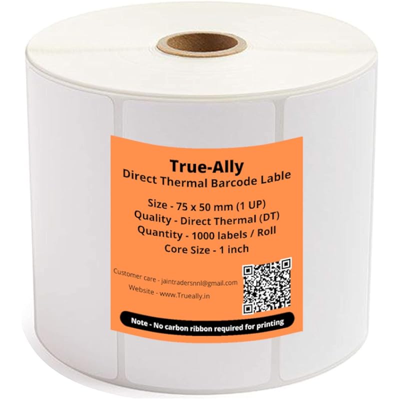 True-Ally 75X50 Direct Thermal (Dt) Barcode Label Sticker - 3 X 2 Inches - 75Mm X 50Mm - 1000 Labels Per Roll - White Se