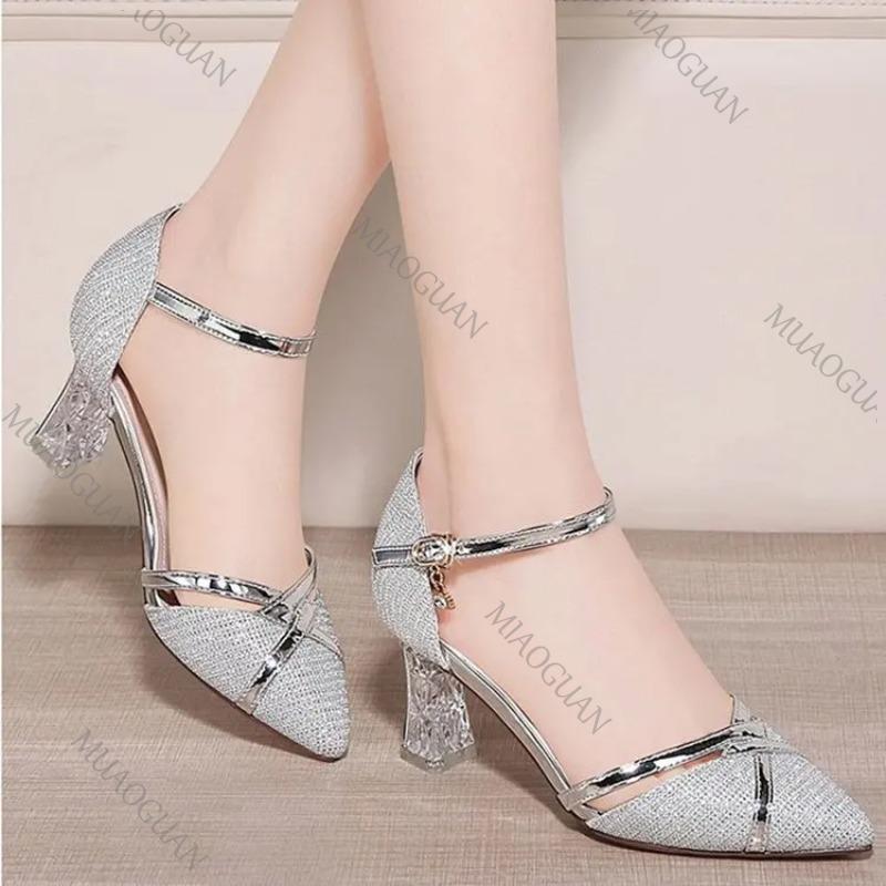 Gold Women Sandals Party High Heels Ankle Buckle Solid Sexy for Ladies Wedding Party Nightclub Sequin Heeled Shoes for Women