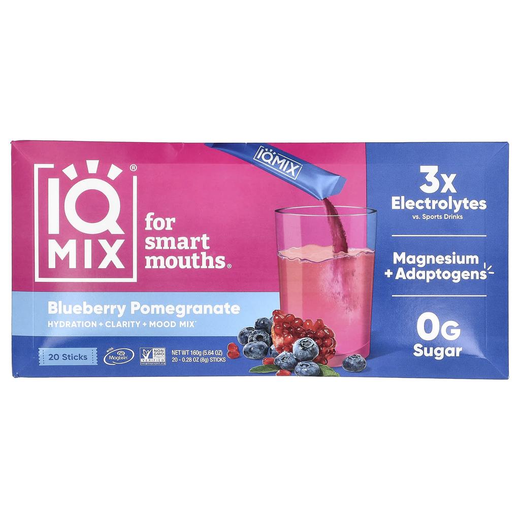 IQBAR, IQMIX®, Hydration + Clarity + Mood Boost Mix, Blueberry Pomegranate Flavor, 20 Bars, 8g (0.28oz) Each