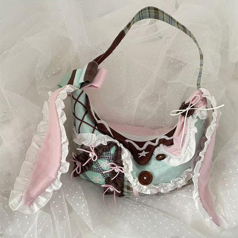 

JIAERDI Sweet Cute Lace Rabbit Y2k Handbag Women Harajuku Green Canvas Shoulder Bags Purses Female Shoulder Hobos Bag Aesthetic зелёный