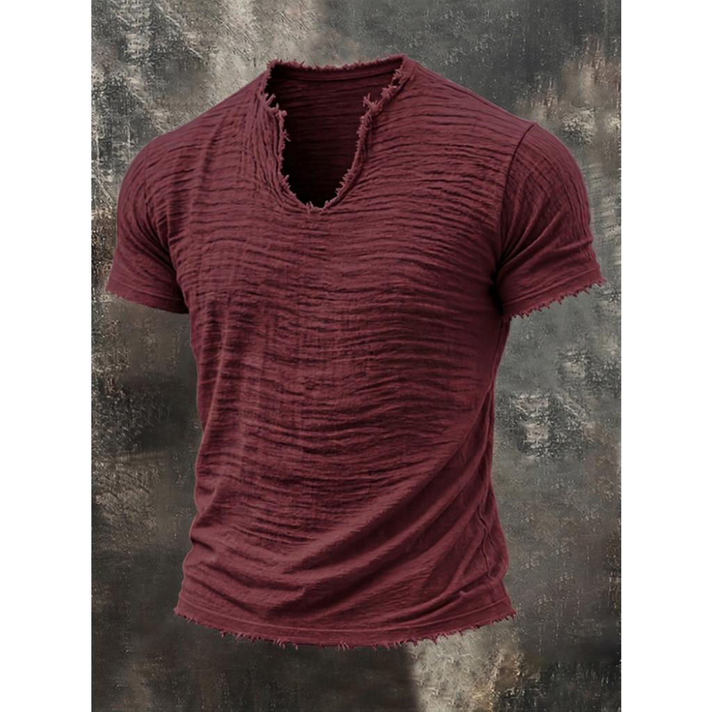 Summer, Solid Color, Men's T-shirt, Retro V-neck, Hairy Edge, Short Sleeve
