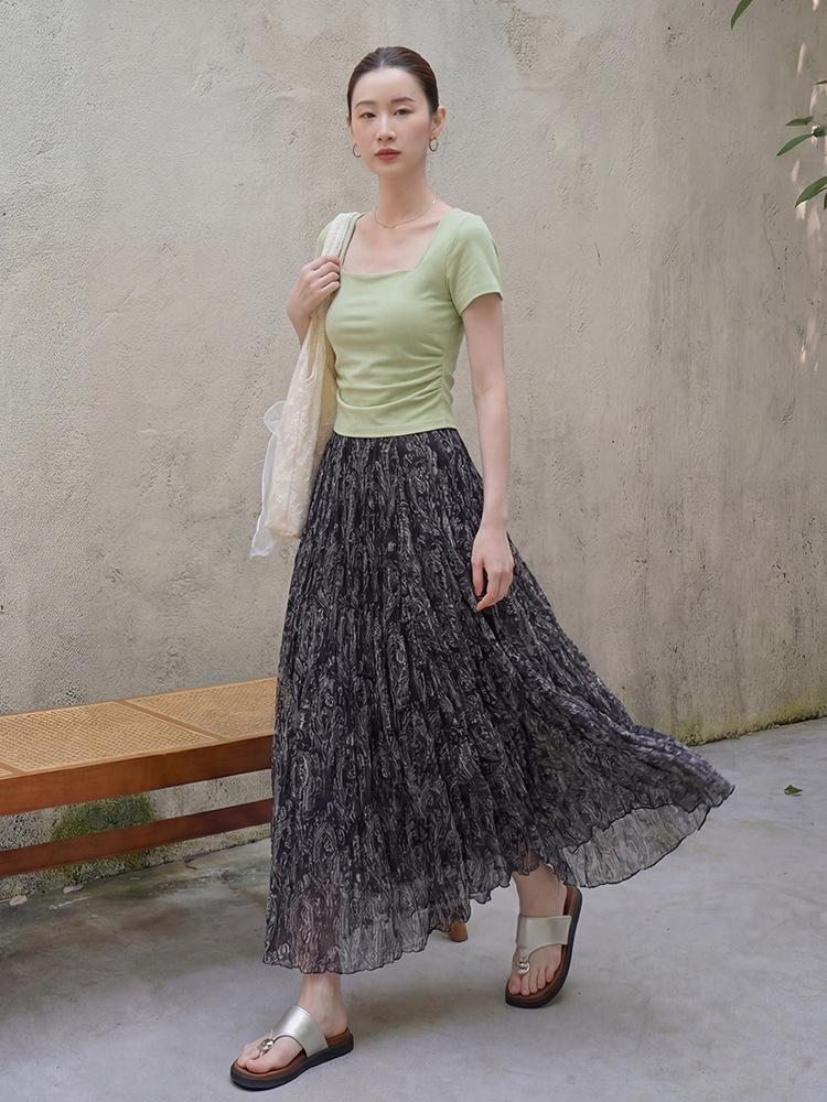Fei Yuan Elegant High Waist Retro Paisley Mesh Midi Skirt for Women - Early Spring Collection