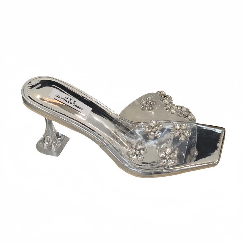 Rhinestone square head transparent belt crystal and transparent one-word slippers for women to wear muffin thick-bottomed high-heeled open-toed