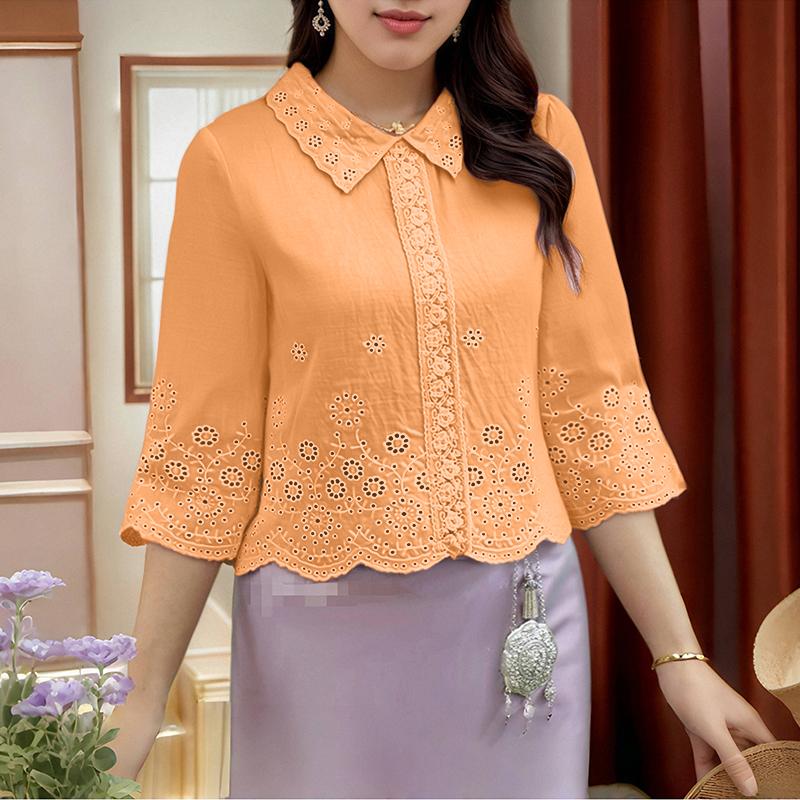 ZANZEA Women Casual Turn Down Collar 3/4 Sleeve Loose Crochet Blouse