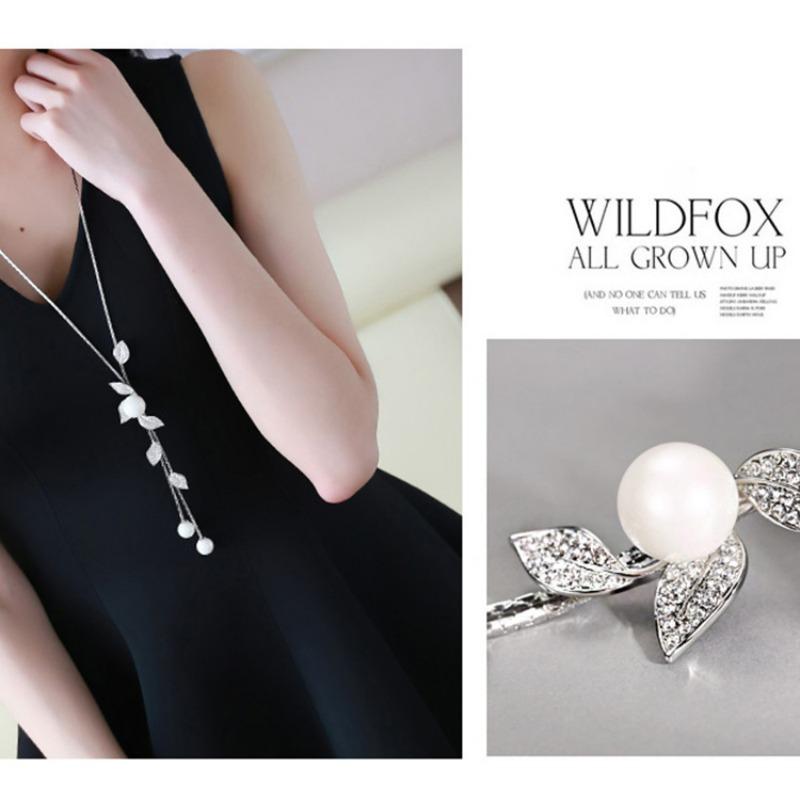 Long Section Rising Leaves Pearl Fringed Sweater Chain Women's Versatile Korean Version Personalized Accessories Necklace Four-leaf Clover