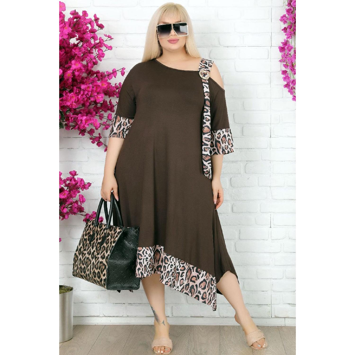 

Shoulder -cut Buckle Leopard Pattern Lycra Asymmetric Stylish Dress 42-44 коричневий