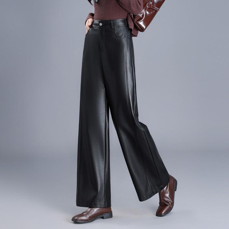 Womens High Waist Wide Leg PU Pants Loose Long Straight Trousers Petite Friendly Fall 2026