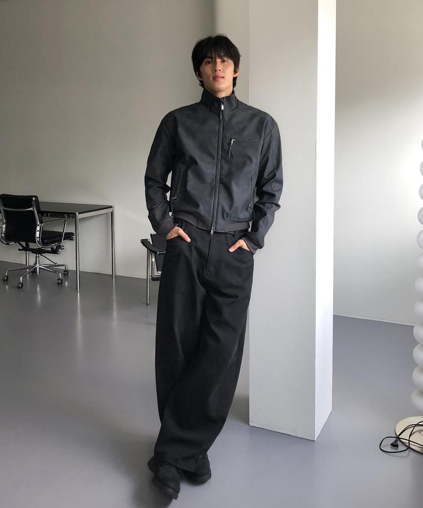 THEY Suede Leather Track Jacket_Charcoal Black