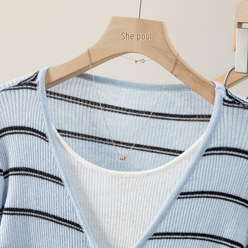 Women's Fake Two-Piece Wool Blend Color-Block Striped Knit Top