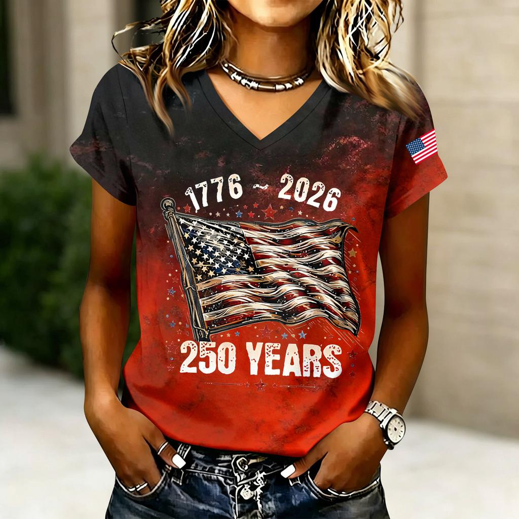 Women's Casual V Neck Short Sleeve T Shirt 250 Years Letter Print Top 1776 2026 American Flag Sleeve Detail Summer Tee