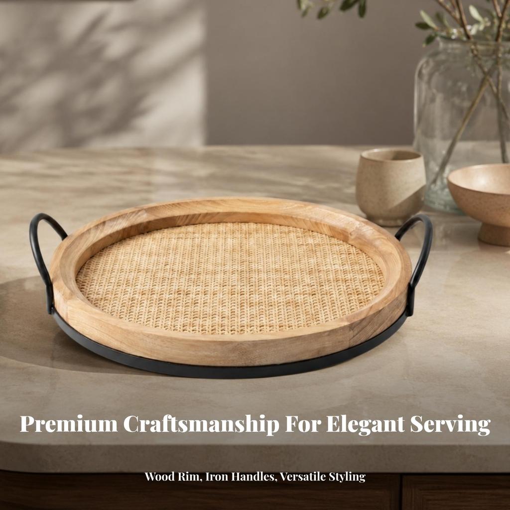 Serving Tray with Woven Inset Elegant Round Handles