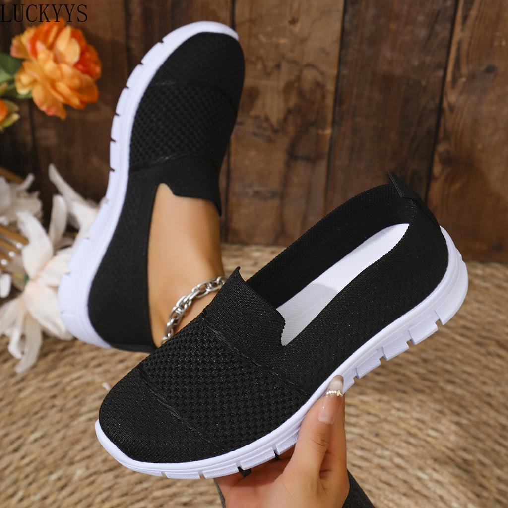 Fashion Solid Color Square Toe Mesh Loafers Shallow Women Flats Shoes Soft Bottom Knit Ballet Flats Shoes Casual Slip On Boat Shoes 43