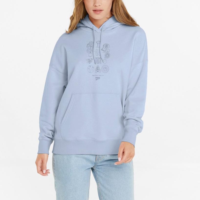 Puma Graphic Print Solid Color Hooded Long Sleeve Pullover American Sweatshirt Women Sweatshirt Ice-Blue 535388-21