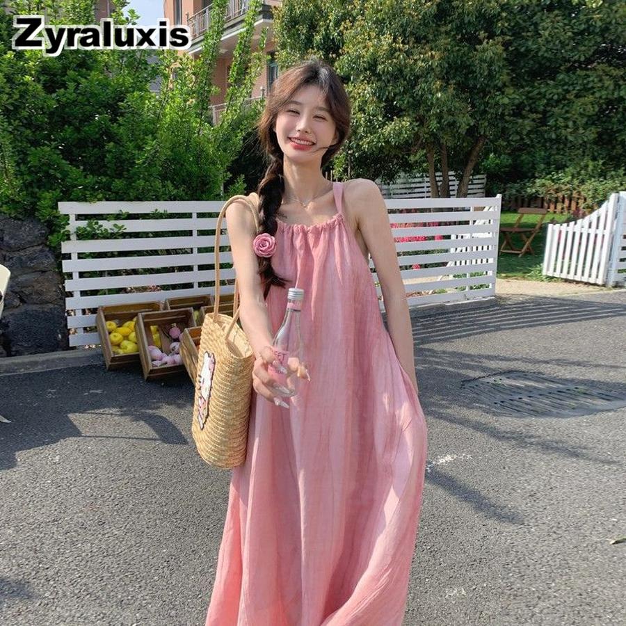 French Vintage Style Gradient Halter Dress for Women Summer Beach Vacation One-Shoulder Pink Beautiful Mini Skirt