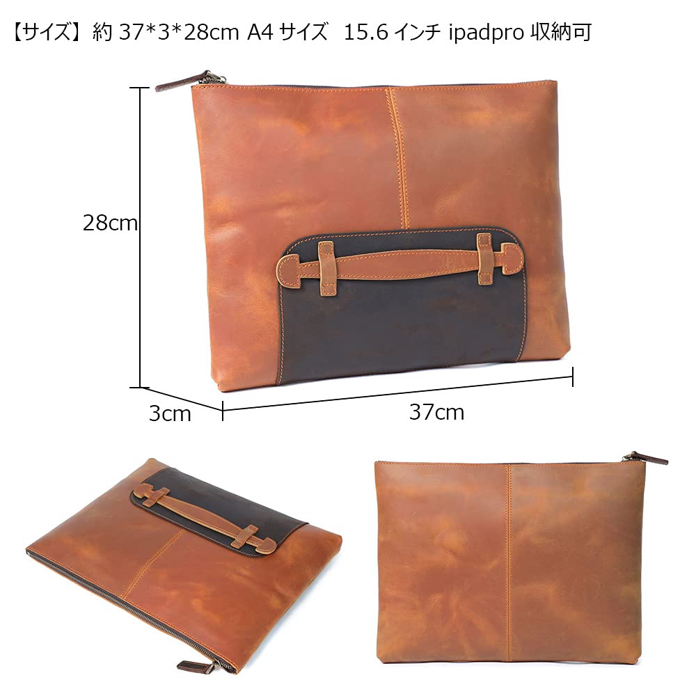 Whatna Natural Cowhide Leather Second Bag, Men's Clutch Bag, Large File Bag, Envelope Bag, Fits A4 Size and 15.6-inch iPad Pro, Wedding Bag, Formal
